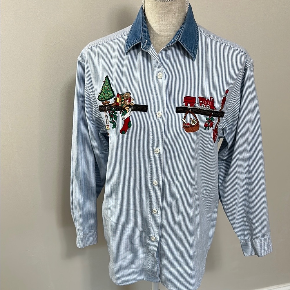 Blue Striped Shirt with Embroidered Holiday Design